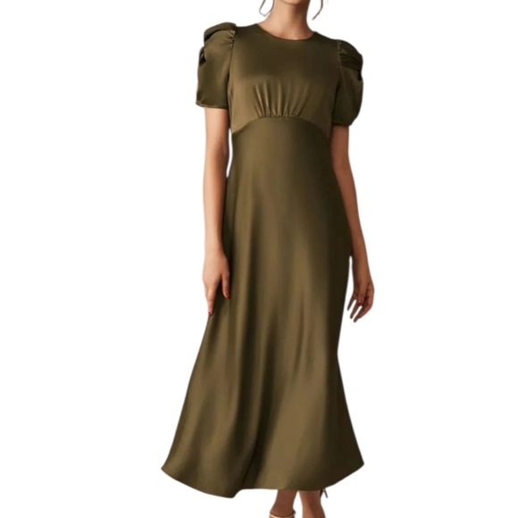 BHLDN Dresses & Skirts - Bhldn leyden Olive Green dress Puff Sleeve flare skirt 10